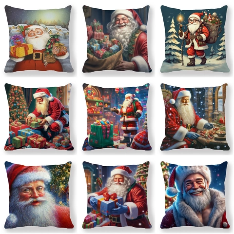 Christmas Santa Claus Print Pillowcase Peach Skin Polyester Decorative Cushion Cover For Home Sofa Holiday Ornaments