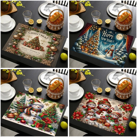 Christmas Placemats Linen Fabric Heat Resistant Table Mats Snowman Tree Prints Winter Holiday New Year Dining Decor Rectangular