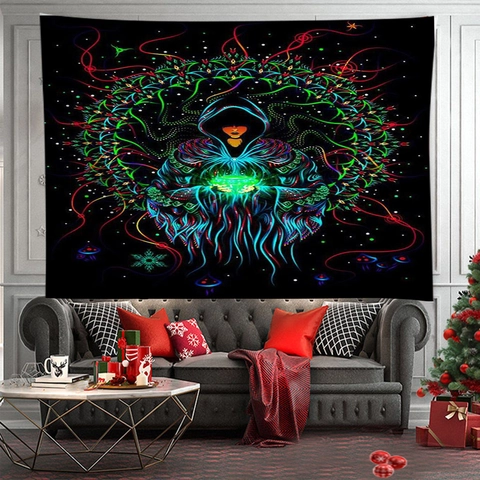 Psychedelic Fluorescent Tapestry Polyester Blacklight Reactive Mystical Pattern Wall Hanging For Bedroom Party Halloween Decor