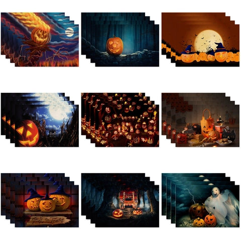 Sets de Table en Lin Halloween Nordique Imprimé Citrouille Fantôme Tapis de Table Résistant à la Chaleur pour Décoration de Fête