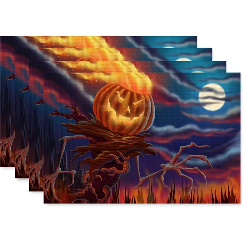 Sets de Table en Lin Halloween Nordique Imprimé Citrouille Fantôme Tapis de Table Résistant à la Chaleur pour Décoration de Fête