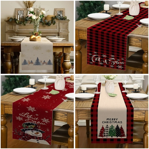 Christmas Linen Table Runner Red Black Buffalo Plaid Reindeer Snowman Snowflake Table Cloth For Home Kitchen Dining Party Decoration