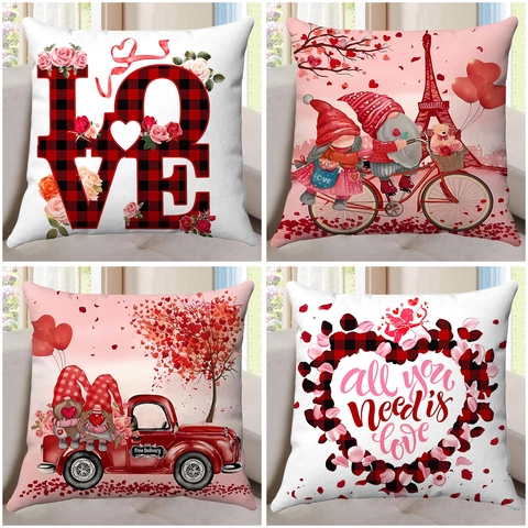 Valentinstag Dekokissenbezüge Herz Liebe Gnom Muster Polyester Quadratische Kissenhüllen Für Romantische Sofa Deko