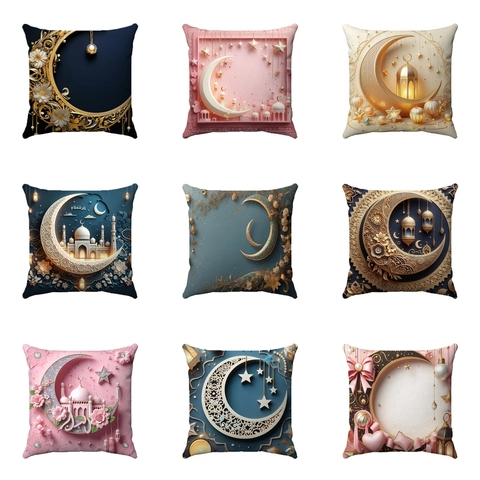 Ramadan Eid Mubarak Pillowcase Mosque Moon Star Pattern Short Plush Square Decorative Cushion Cover For Sofa Home