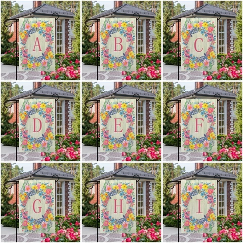 Pastorale Gartenfahne Aus Leinen Mit Aquarell Blumenkranz Und Englischem Buchstaben Dekorbanner Für Den Garten Hausdekoration