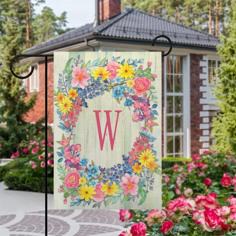 Pastorale Gartenfahne Aus Leinen Mit Aquarell Blumenkranz Und Englischem Buchstaben Dekorbanner Für Den Garten Hausdekoration