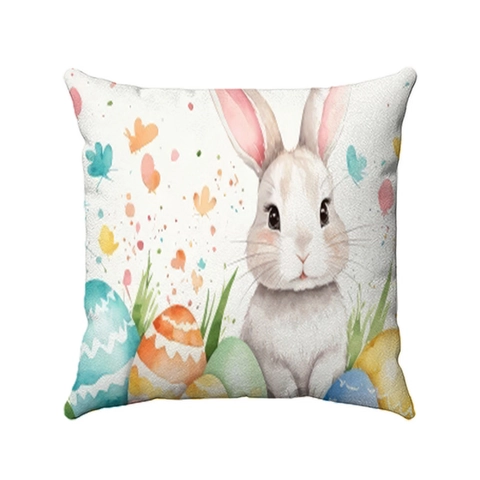 Easter Watercolor Bunny Rabbit Eggs Decorative Pillowcase Soft Short Plush Square Cushion Cover For Sofa Living Room Home Decor