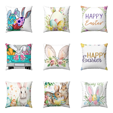 Easter Watercolor Bunny Rabbit Eggs Decorative Pillowcase Soft Short Plush Square Cushion Cover For Sofa Living Room Home Decor