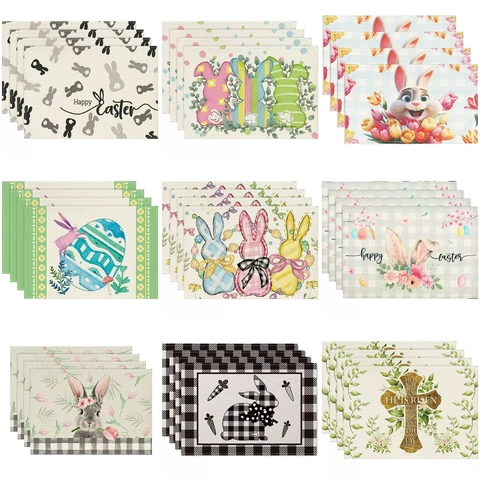 Easter Bunny Linen Placemats Heat Resistant Washable Table Mats For Spring Holiday Home Kitchen Dining Room Decoration