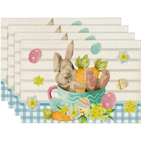 Easter Bunny Linen Placemats Heat Resistant Washable Table Mats For Spring Holiday Home Kitchen Dining Room Decoration