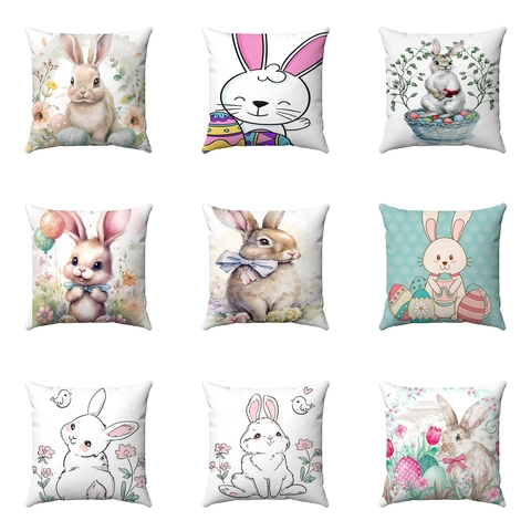 Easter Rabbit Linen Pillowcase Decorative Cushion Cover With Bunny Eggs Flower Pattern Square For Living Room Home Decor