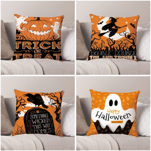 Fodera per Cuscino Decorativa di Halloween in Peluche Corto Con Stampa Zucca Strega Pipistrello Fantasma Per Soggiorno Divano Festa