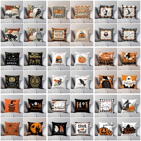 Fodera per Cuscino Decorativa di Halloween in Peluche Corto Con Stampa Zucca Strega Pipistrello Fantasma Per Soggiorno Divano Festa