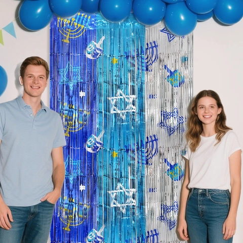 Hanukkah Tinsel Fringe Curtain Blue Silver Menorah Star Of David Dreidel Printed Backdrop For Jewish Festival Party Decorations