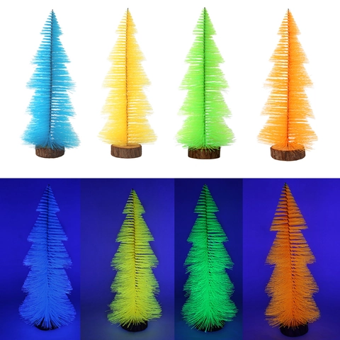 Fluorescent Mini Christmas Tree PVC Artificial Desktop Pine Ornament With Wooden Base UV Glowing Festive Party Holiday Decor
