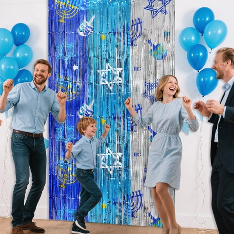 Hanukkah Tinsel Fringe Curtain Blue Silver Metallic Foil Backdrop Star Of David Menorah Dreidel Printed Jewish Holiday Party Decor