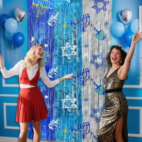 Hanukkah Tinsel Fringe Curtain Blue Silver Menorah Star Of David Printed Party Holiday Backdrop Decoration