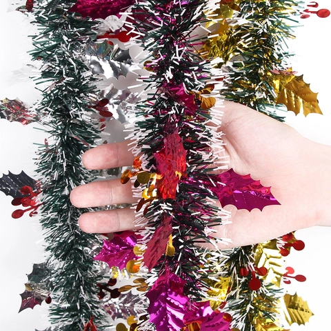Christmas Tinsel Garland With Holly Leaves And Berries Decoration For Holiday Party DIY Atmosphere Hanging Tinsel Ornaments