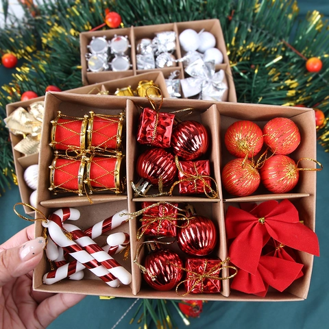Plastic Christmas Tree Ornaments Hanging Decorations Bowknots Decorative Balls Candy Canes Mini Drums Gift Boxes Holiday Party Decor