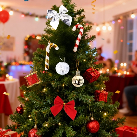 Plastic Christmas Tree Ornaments Including Decorative Balls Bows Candy Canes Pendants For Holiday Party Home Decoration Festival Supplies