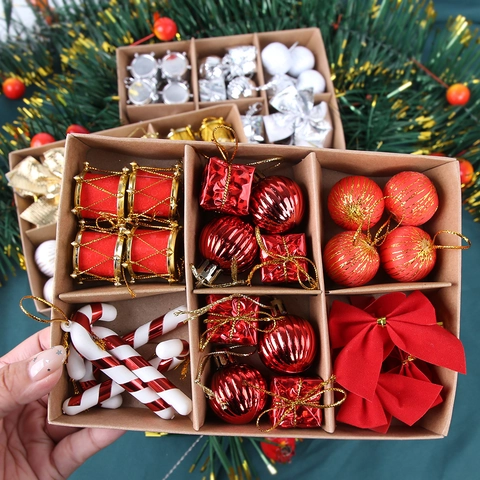 24Stk Weihnachtsbaumschmuck Set Kunststoff Anhänger Dekoration Mit Schleifen Kugeln Zuckerstangen Für Weihnachtsfeier Zuhause