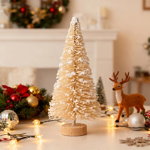 Mini Christmas Tree Sisal Satin With Wood Base Frosted Pine Needle Desktop Ornament Micro Landscape Holiday Home Decor