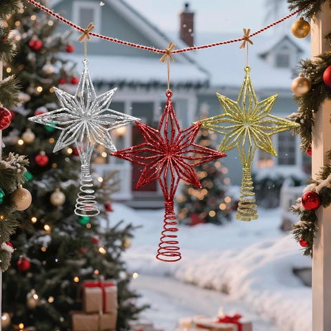 Christmas Tree Topper Star Glitter Hollow Eight Pointed Star Ornaments For Holiday Party Decoration Gold Silver Red Tree Top Star