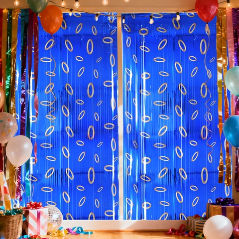 Blue Foil Fringe Curtain With Gold Ring Print PET Metallic Streamers Party Backdrop For Birthday Wedding Celebration Decorations