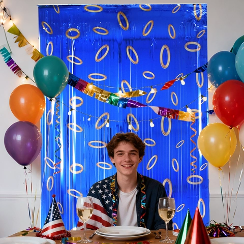 Tenda a Frange in Alluminio Blu Metallizzato Con Stampa ad Anello Oro Sfondo per Feste Streamer a Muro per Compleanno Decorazione per Bambini