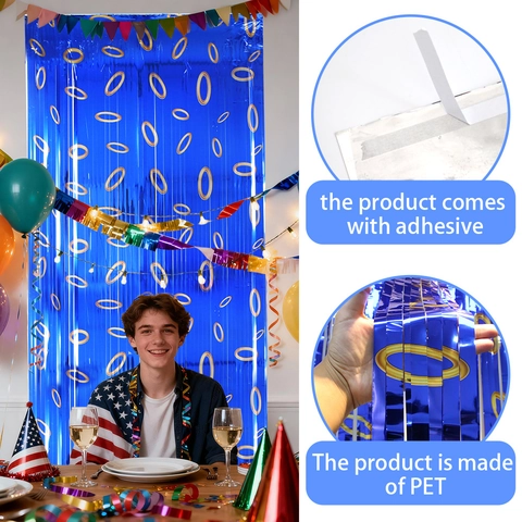 Tenda a Frange in Alluminio Blu Metallizzato Con Stampa ad Anello Oro Sfondo per Feste Streamer a Muro per Compleanno Decorazione per Bambini