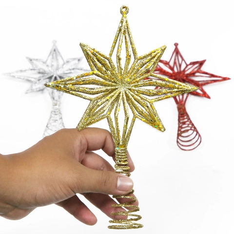 Cime de Sapin de Noël Pailletée Étoile Octogonale Creuse Avec Base en Spirale Décoration de Fête Maison