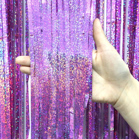 Laser Holographic PET Fringe Curtain Party Backdrop Tinsel Foil Streamer For Birthday Wedding Anniversary Decoration