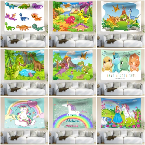 Arazzo da Parete Cartoon Dinosauro Unicorno Castello Decorazione Cameretta Bambini Sfondo in Poliestere per Soggiorno