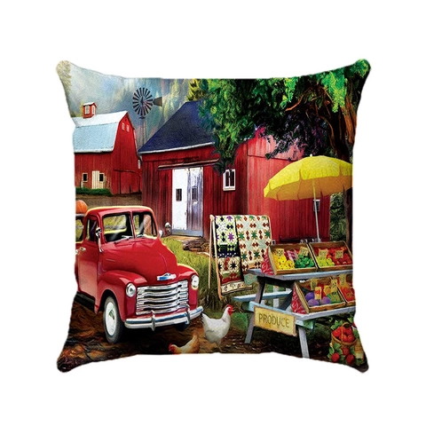Amerikanischer Landhausstil Bauernhof Thema Ölgemälde Kopfkissenbezug Vintage Ländliche Landschaft Dekorative Kissenhülle Kurzplüsch Dekokissenbezug Für Wohnzimmer