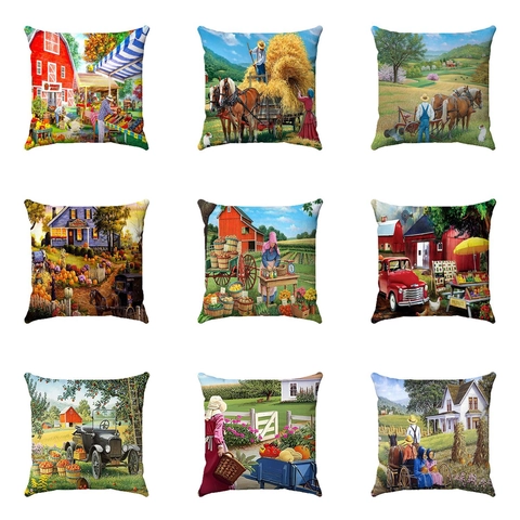 Amerikanischer Landhausstil Bauernhof Thema Ölgemälde Kopfkissenbezug Vintage Ländliche Landschaft Dekorative Kissenhülle Kurzplüsch Dekokissenbezug Für Wohnzimmer
