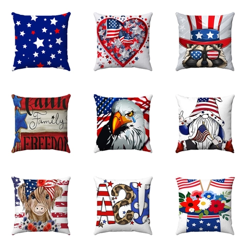 Taie d'Oreiller Patriotique Jour de l'Indépendance USA en Lin Étoiles et Rayures Housse de Coussin Décorative pour Salon