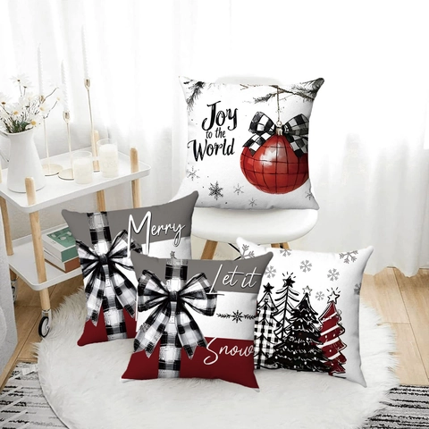 Christmas Cushion Cover Short Plush Red Black Plaid Bow Let It Snow Merry Bright Decorative Pillowcase For Sofa Living Room