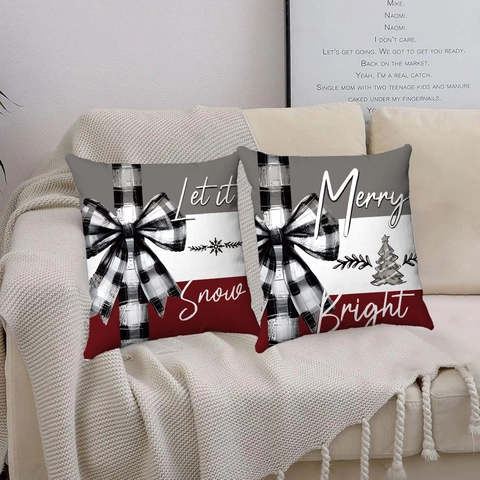 Christmas Cushion Cover Short Plush Red Black Plaid Bow Let It Snow Merry Bright Decorative Pillowcase For Sofa Living Room