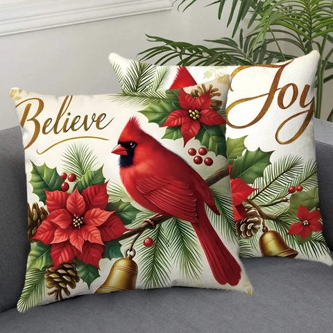 Christmas Throw Pillow Covers Ultra Soft Short Plush Cardinal Poinsettia Print Decorative Cushion Cases Sofa Decor