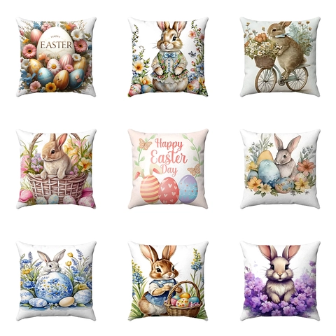 Easter Bunny Cushion Cover Short Plush Flower Egg Print Throw Pillowcase For Living Room Holiday Home Decor