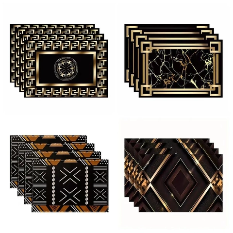 Geometric Black Gold Printed Placemats Vintage Bohemian Dining Table Heat Resistant Washable Linen Table Mats For Restaurant