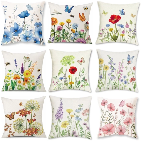 Decoratieve Kussenhoes Linnen Look Aquarel Bloemen Vlinder Print Vierkante Sofa Kussensloop Woonkamer Huis