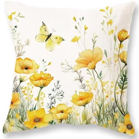 Decoratieve Kussenhoes Linnen Look Aquarel Bloemen Vlinder Print Vierkante Sofa Kussensloop Woonkamer Huis