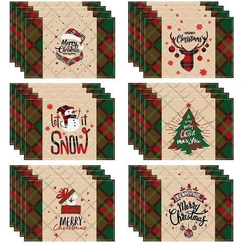 Christmas Placemats For Dining Table Reindeer Snowman Tree Plaid Linen Polyester Heat Resistant Non-Slip Table Mats Holiday Home Kitchen Decor