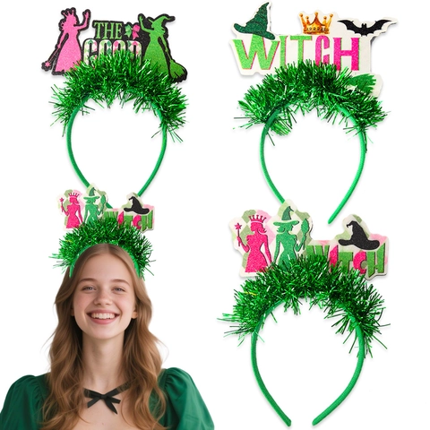 Fascia per Capelli Strega Halloween con Tinsel Verde Lettere Luccicanti Corona Pipistrello per Festa di Compleanno Oggetti di Scena
