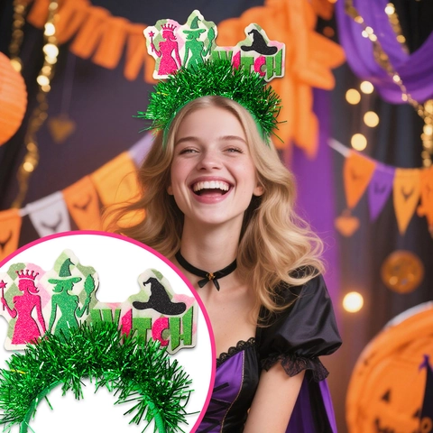 Halloween Witch Theme Party Headband Glitter Tinsel Wizard Princess Silhouette Crown Bat Broom Costume Accessories