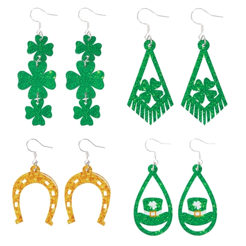 St. Patricks Day Ohrringe Kleeblatt Grüner Glitzer Leprechaun Hut Hufeisen Acryl Hängeohrringe Schmuck Damen