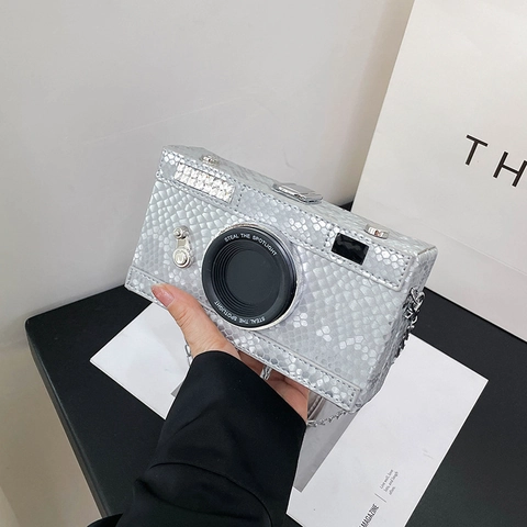 Kreative Umhängetasche in Kameraform Für Damen Vintage Schlangenmuster Metallkette Schultertasche Strass Abend Clutch