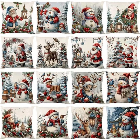 Christmas Linen Pillowcase Decorative Cushion Cover Snowman Reindeer Printed Square Throw Pillow Cover For Home Sofa Decor