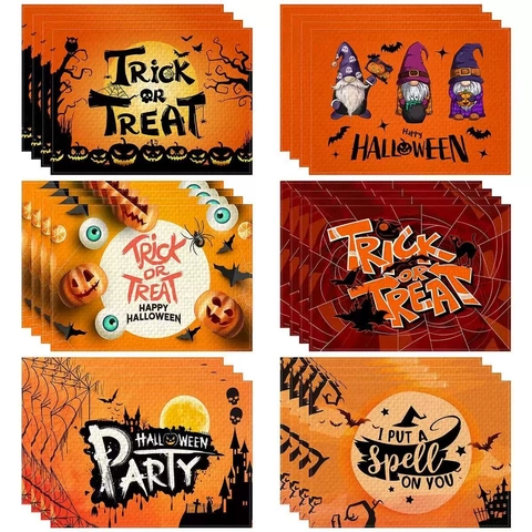 Halloween Linen Placemats Pumpkin Ghost Bat Black Cat Gnome Witch Hat Heat Resistant Table Mats For Dining Room Party